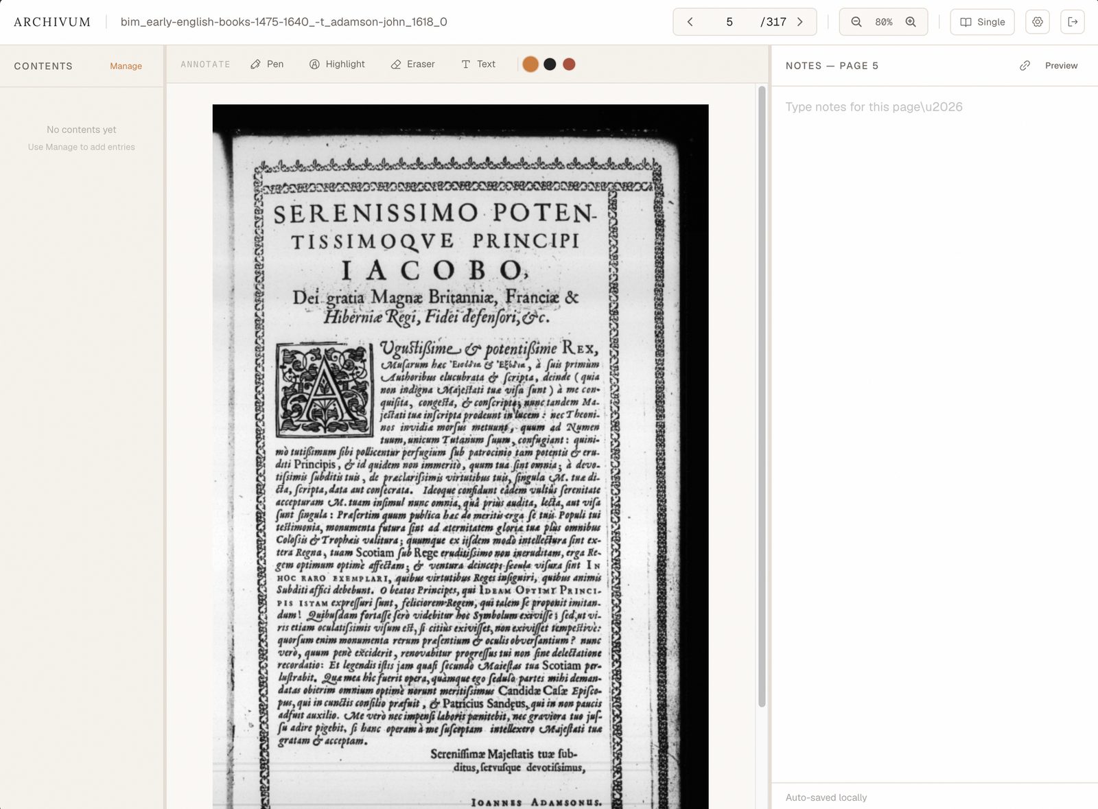 The Archivum reader: contents, manuscript page, and notes (image blurred pending manuscript rights)